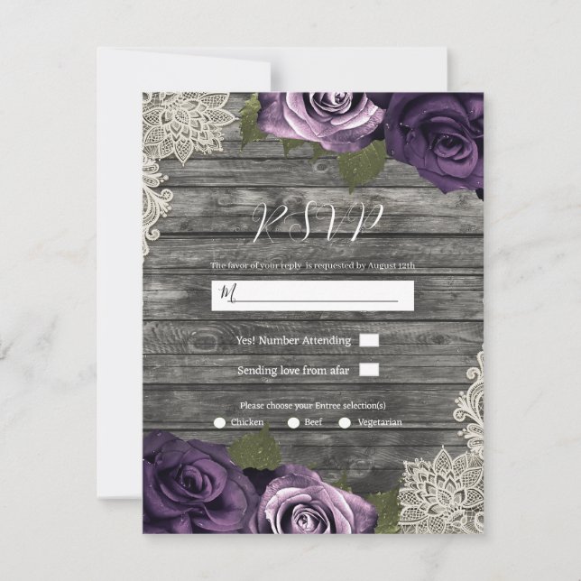Deep Purple Floral Roses Rustic Lace Wedding RSVP  Invitation (Front)