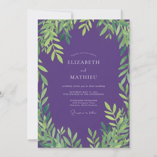 Deep Purple Foliage Eucalyptus Wedding Invitation (Front)