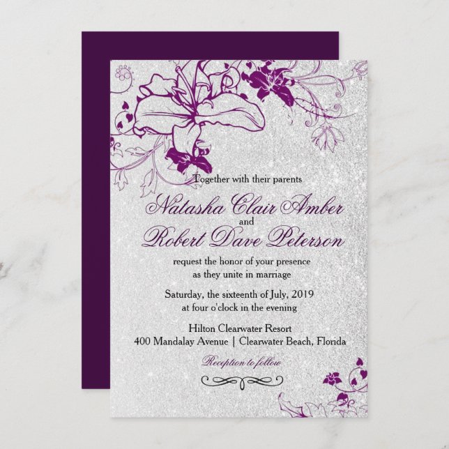 Deep Purple Glitter Silver Floral Wedding Invitation (Front/Back)