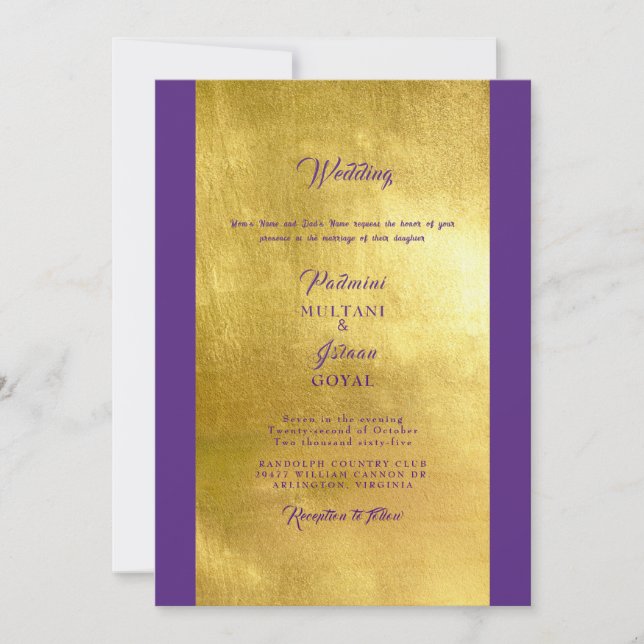 Deep Purple & Gold Indian Style Wedding Invitation (Front)