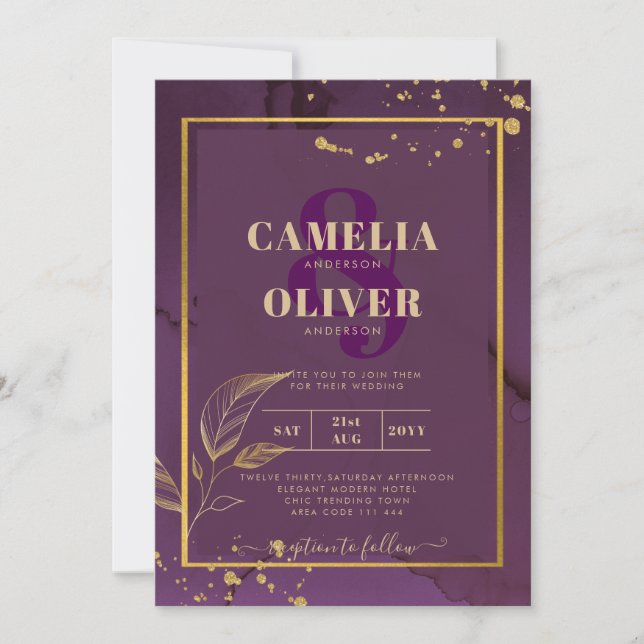 DEEP PURPLE GOLD LEAVES Wedding Invite (Front)
