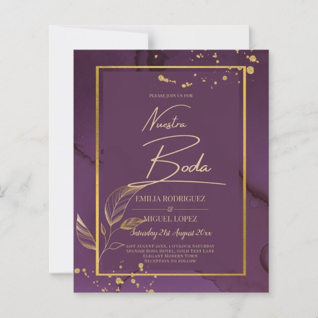 DEEP PURPLE GOLD LEAVES Wedding Invite (Front)