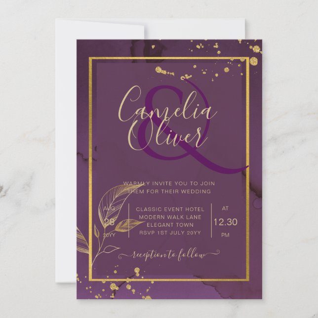 DEEP PURPLE GOLD LEAVES Wedding Invite (Front)
