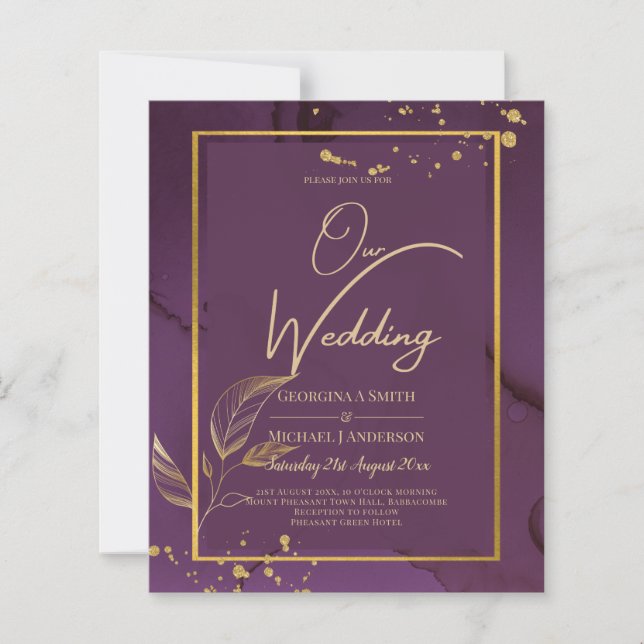 DEEP PURPLE GOLD LEAVES Wedding Invite (Front)