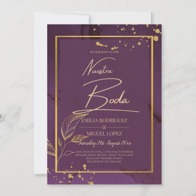 DEEP PURPLE GOLD LEAVES Wedding Invite (Front)