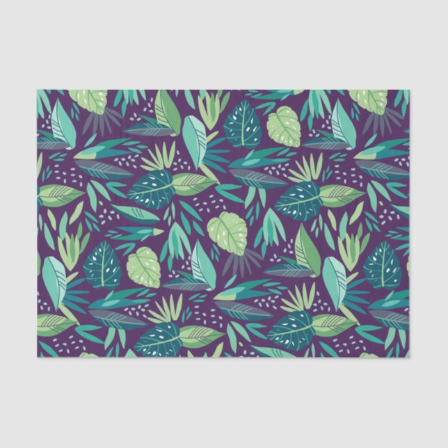 Deep-Purple & Green Botanical Leafs Pattern Tissue Paper (Front)