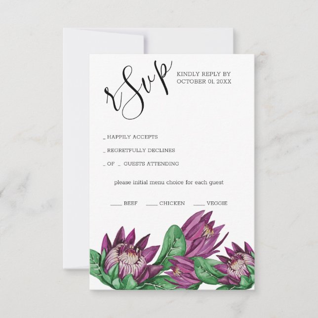Deep Purple King Protea Watercolor Art RSVP Card (Front)