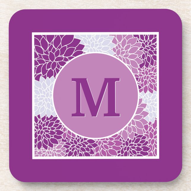 Deep Purple Monogrammed Dahlia Floral Coaster (Front)