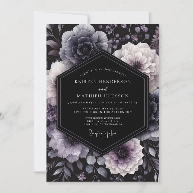 Deep Purple Moody Floral Wedding Invitation (Front)