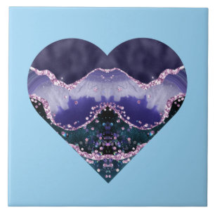 Deep Purple Ocean Watercolor Look Heart on Blue Tile