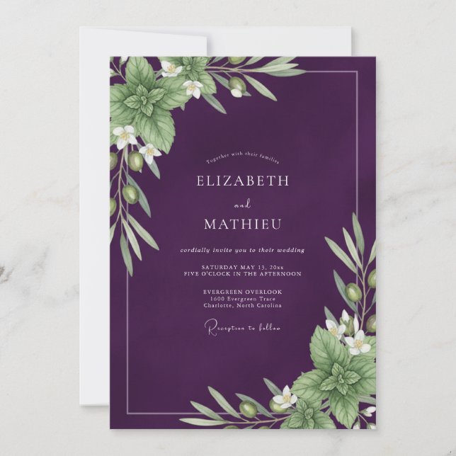 Deep Purple Olive Eucalyptus Wedding Invitation (Front)