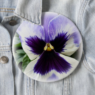 deep purple on white pansy 6 cm round badge