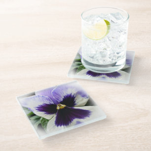 deep purple on white pansy glass coaster