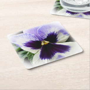 deep purple on white pansy square paper coaster