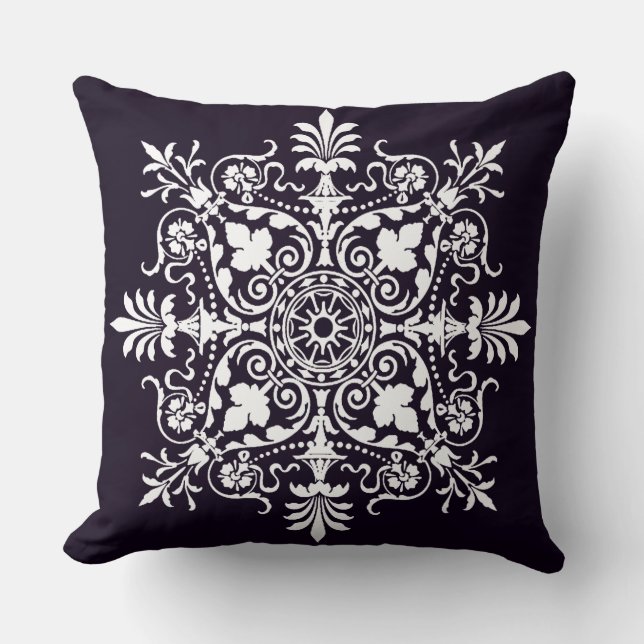 Deep Purple Ornate Floral Damask Cushion (Front)