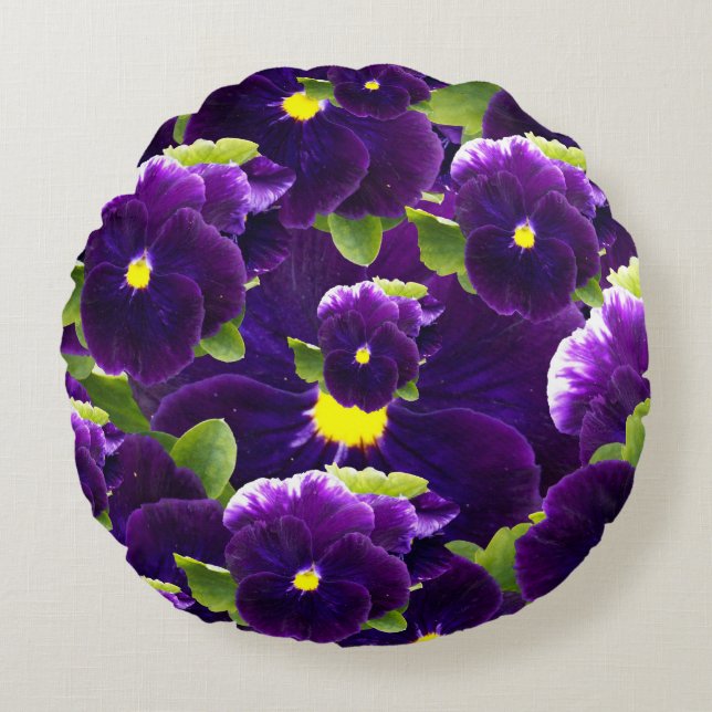 Deep Purple Pansy Bushes, Round Cushion (Front)