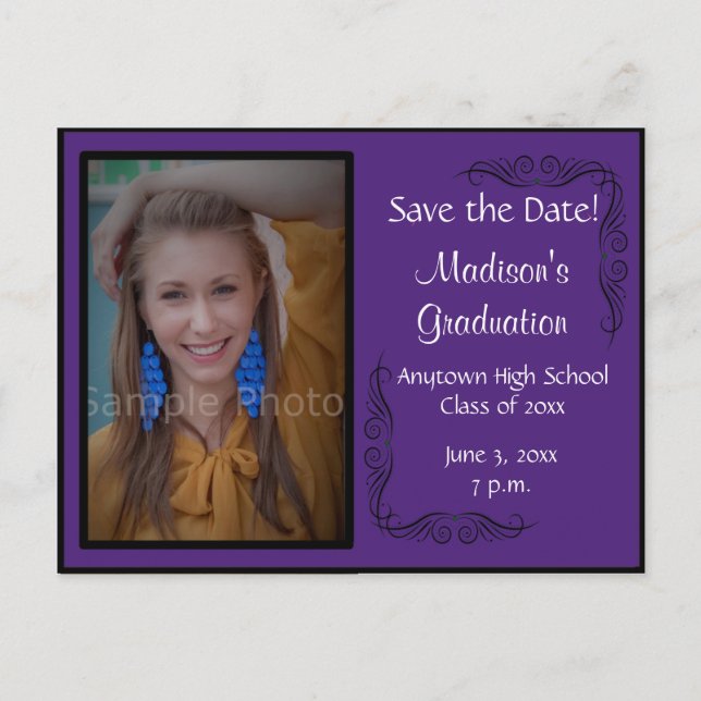 Deep Purple Photo Graduation Save the Date Card (Front)