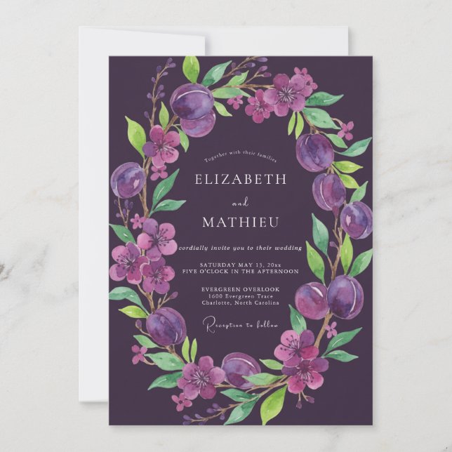 Deep Purple Plum Eucalyptus Wedding Invitation (Front)