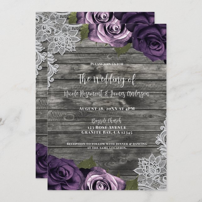 Deep Purple Roses Grey Rustic White Lace Wedding Invitation (Front/Back)