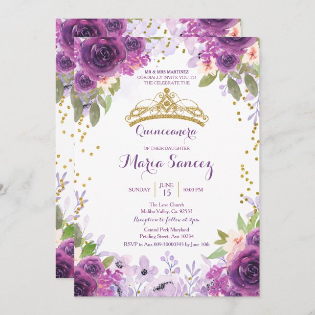 Deep Purple Roses Mis Quince Invitation (Front/Back)