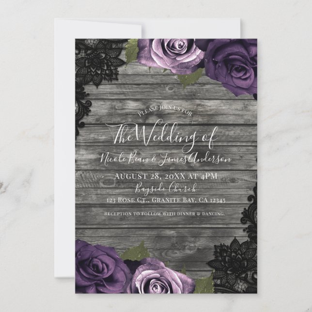 Deep Purple Roses Rustic Wood Black Lace Wedding Invitation (Front)