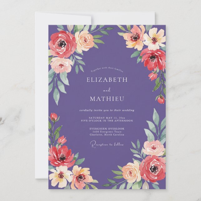 Deep Purple Striking Floral Wedding Invitation (Front)