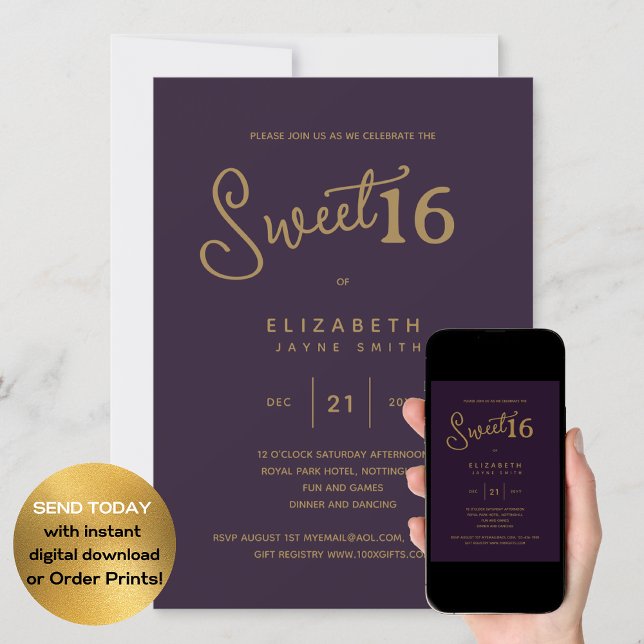 Deep Purple SWEET 16 Modern Elegant Gold Birthday Invitation (Creator Uploaded)