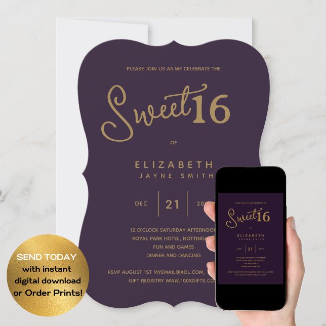 Deep Purple SWEET 16 Modern Elegant Gold Birthday Invitation (Creator Uploaded)