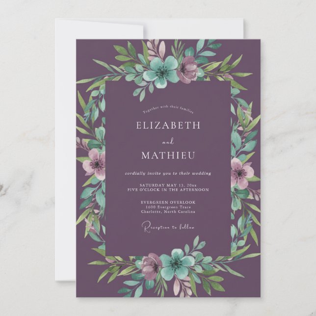 Deep Purple Teal Floral Wedding Invitation (Front)