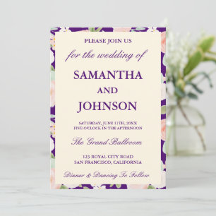 Deep purple Vintage Ivory Floral Photo Wedding Invitation