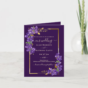 Deep Purple Violet Floral Gold Frame Folded Invitation