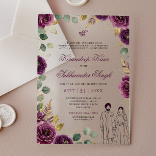 Deep Purple Watercolor Roses Floral Sikh Wedding Acrylic Invitations