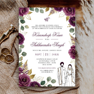 Deep Purple Watercolor Roses Floral Sikh Wedding Invitation