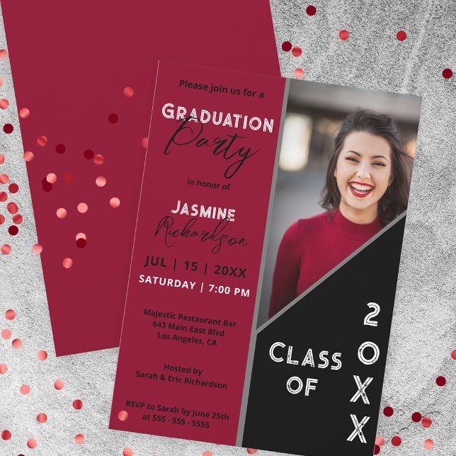 Deep Red and Black Modern Photo Graduation Party  Invitation (Creator Uploaded)