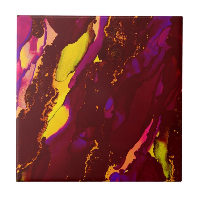 Deep Red and Gold Alcohol Ink Painting Tile (Front)