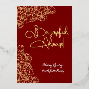 Deep Red and Gold Floral Joyful Photo Christmas