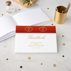 Deep Red and Gold Hearts Guest Book