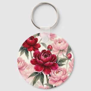 Deep Red and Pink Peony Floral Watercolor Pattern Key Ring