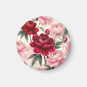 Deep Red and Pink Peony Floral Watercolor Pattern Magnet