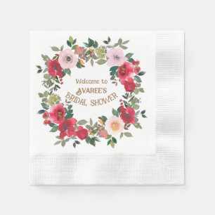 Deep Red and Pink Watercolor Roses Bridal Shower Napkin