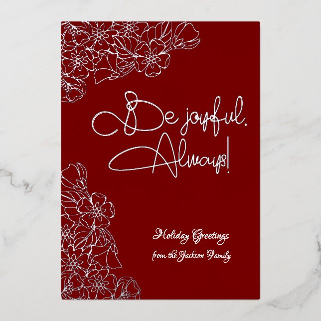 Deep Red and Silver Floral Joyful Photo Christmas (Front)