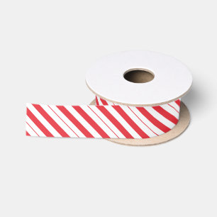 Deep Red and White Candy Cane Diagonal Striped Satin Ribbon
