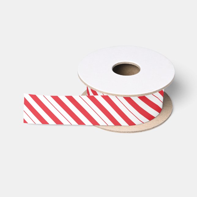 Deep Red and White Candy Cane Diagonal Striped Satin Ribbon (Spool)