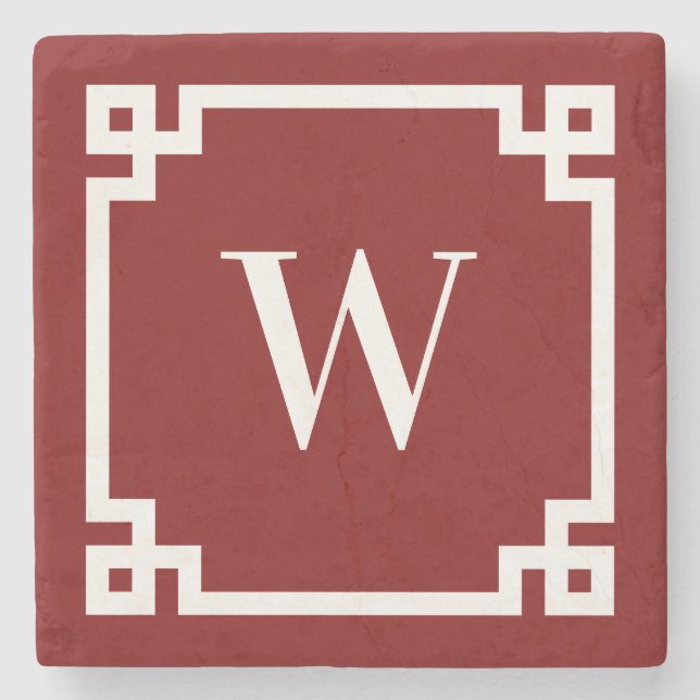 Deep Red and White Greek Key Border Monogram Stone Coaster (Front)