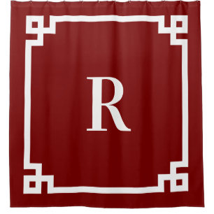 Deep Red and White Greek Key Simple Monogram Shower Curtain