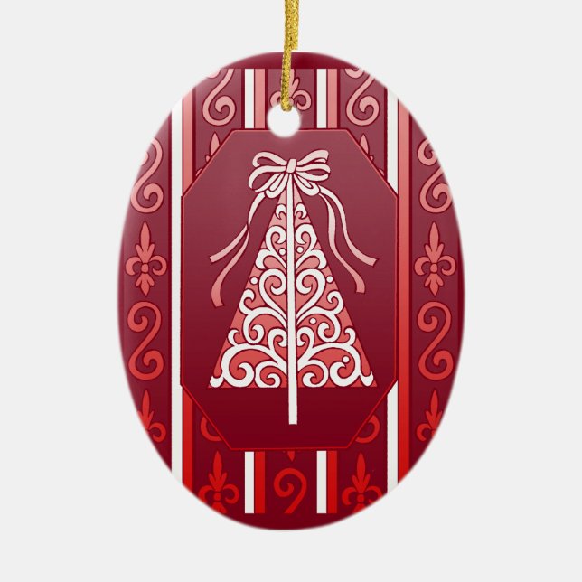 Deep Red And White Swirls Stripes Christmas Tree Ceramic Tree Decoration (Front)