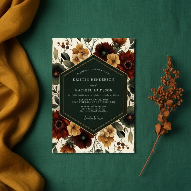 Deep Red Autumn Floral Elegance Wedding Invitation (Creator Uploaded)