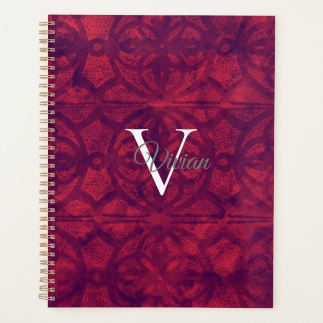 Deep Red Batik Elegant Monogram Name Planner (Front)
