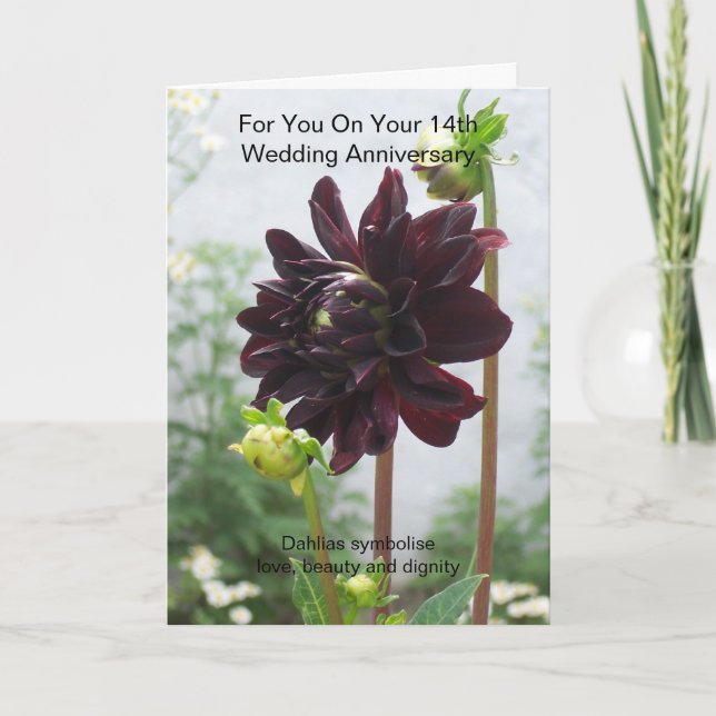 Deep Red Black Dahlia 14th Wedding Anniversary Card (Front)