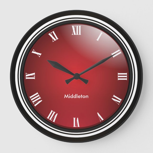 Deep Red, Black & White with Roman Numbers Large Clock (Front)
